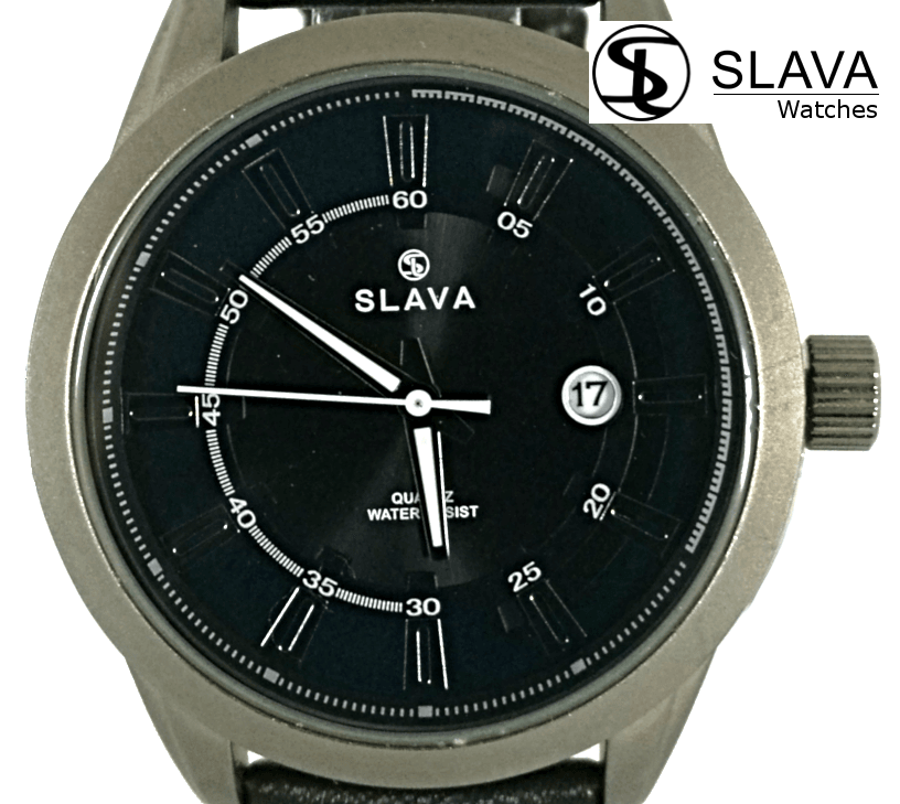 Pánské sportovně elegantní hodinky SLAVA s velkým černým ciferníkem