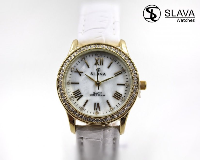 Dámské bílé hodinky SLAVA ve zlatém pouzdře s kamínky Swarovski SLAVA 10080