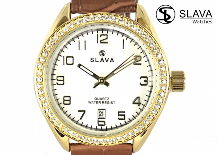 Dámské elegantní hodinky SLAVA s kamínky SWAROWSKI ve zlatém pouzdře
