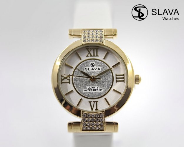 Dámské zlaté hodinky SLAVA s kamínky Swarovski a stříbrným řemínkem SLAVA 10054