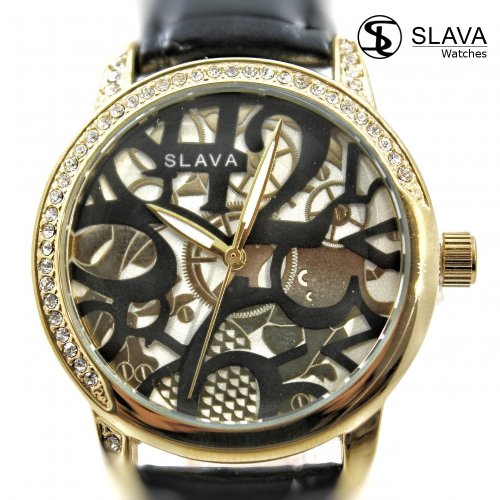 Dámské černé hodinky ve zlatém pouzdře s retro ciferníkem SLAVA 10081