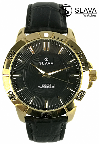 Pánské zlato-černé hodinky SLAVA s černým ciferníkem SL 10094