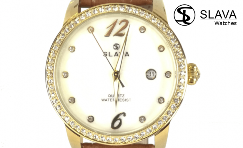Dámské elegantní hodinky SLAVA s kamínky SWAROVSKI s květinami v ciferníku