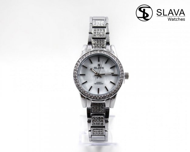 Dámské stříbrné hodinky SLAVA s kamínky SWAROVSKI na řemínku SLAVA 10065