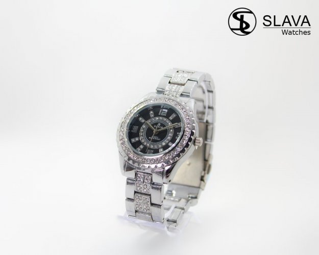 Dámské ocelové hodinky s černým ciferníkem SLAVA a kamínky Swarovski SLAVA 10015