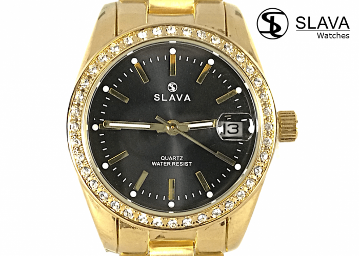 Dámské zlaté hodinky SLAVA s lupou nad datem