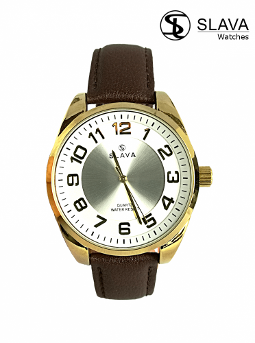 Pánské elegantní hodinky SLAVA s výraznými číslicemi hnědo-zlaté