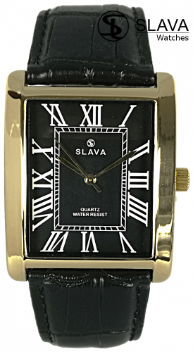 Pánské černo-zlaté elegantní hodinky SLAVA obdélníkové pouzdro