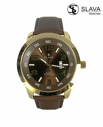 Pánské masivní hodinky SLAVA černo-zlaté s ciferníkem 49 mm a hnědým řemínkem