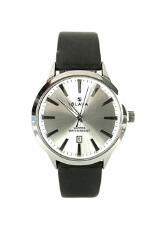 Pánské černé jednoduché a elegantní hodinky SLAVA se stříbrným ciferníkem
