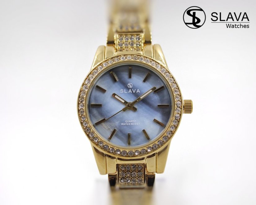 Dámské zlaté hodinky SLAVA vykládané kamínky Swarovski s modrým ciferníkem SLAVA 10065