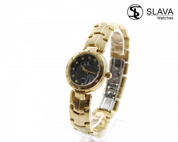 Dámské zlaté hodinky SLAVA s černým ciferníkem SLAVA 10137