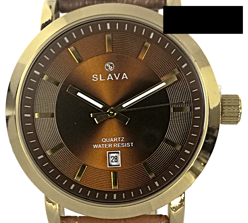 Pánské zlaté elegantní hodinky SLAVA prošívaný kontrastní řemínek